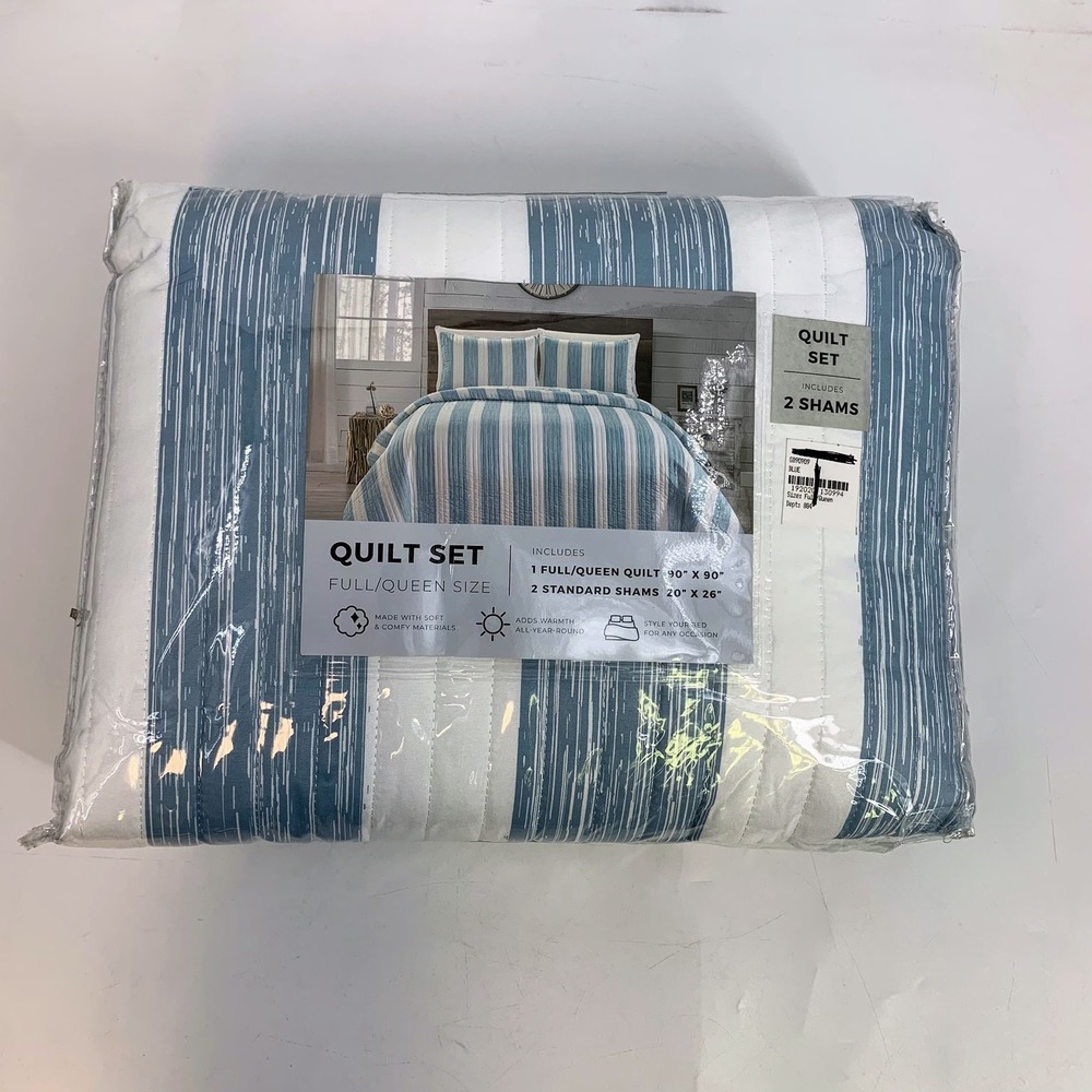 Truly Soft Aiden Full Queen Size Quilt‎ Set Blue Stripe 2 Standard Shams Bedding